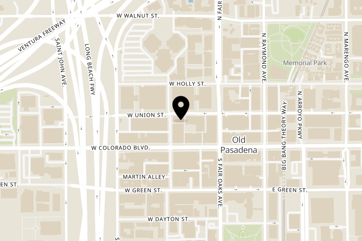 Map showing the location of Café Santorini on 64 W Union St in Pasadena